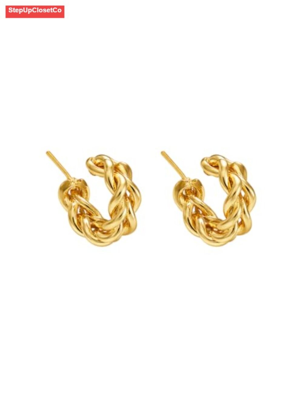 18K Gold Plated Twisted Rope Hoop Earrings, Dainty Braided C-Shape Studs,